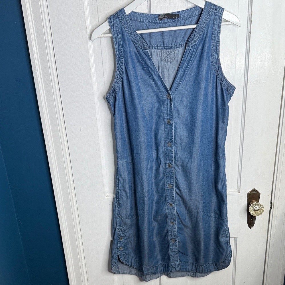 PrAna Talton Button Up Denim Tencel Sleeveless V-Neck Dress W1761 Sz M - Picture 3 of 11